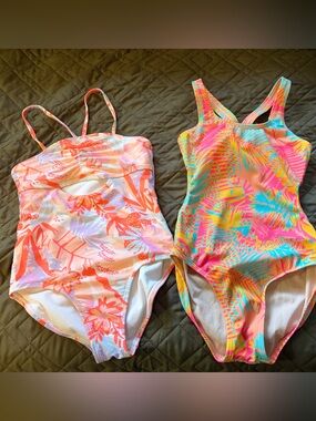 art class Girls One-Piece Swimsuits - Coral Pink Floral & Multicolor Neon Palm
